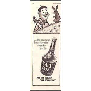 1960 VAT 69 Scotch Vintage Print Ad Black Bottle Golfer Golf Rabbit Wall Art